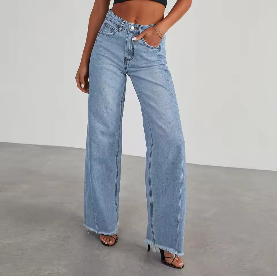 Women’s Wide Leg Jeans – Loose Solid Color Frayed Hem Denim Pants