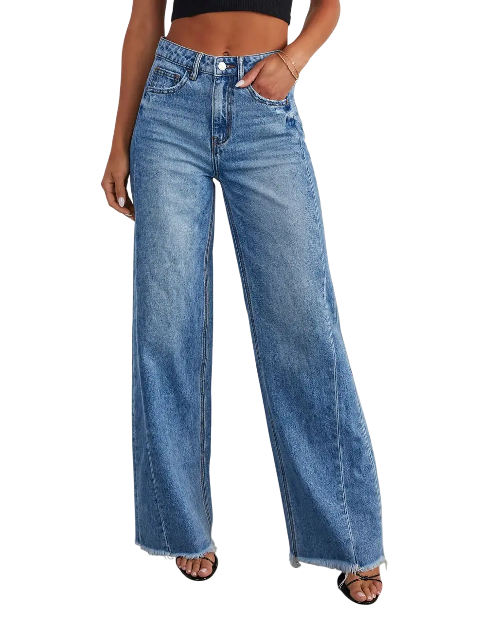 Women’s Wide Leg Jeans – Loose Solid Color Frayed Hem Denim Pants