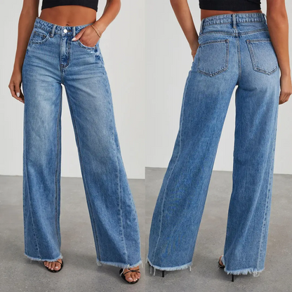 Women’s Wide Leg Jeans – Loose Solid Color Frayed Hem Denim Pants