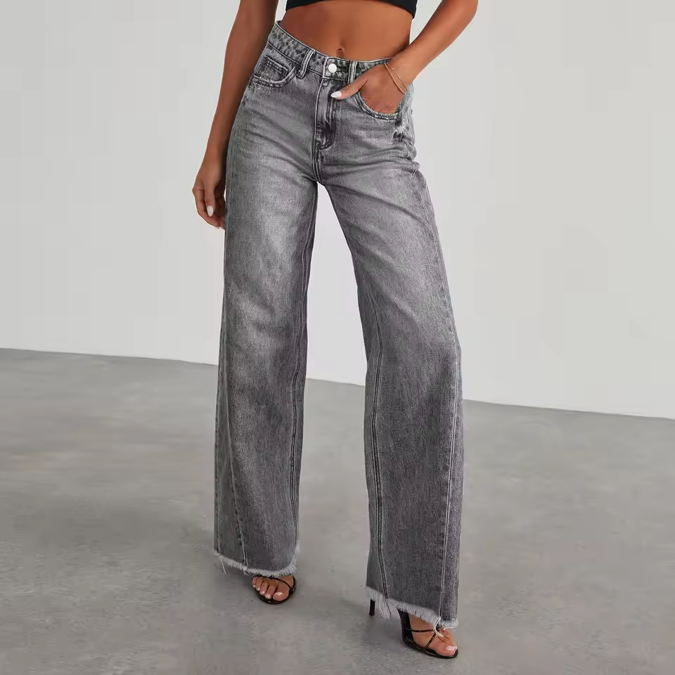 Women’s Wide Leg Jeans – Loose Solid Color Frayed Hem Denim Pants