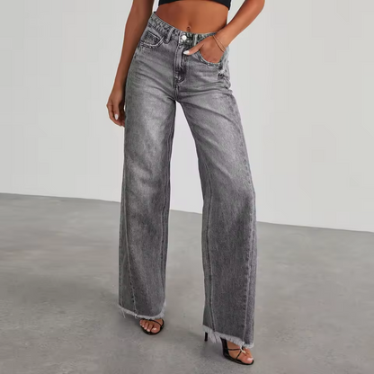 Women’s Wide Leg Jeans – Loose Solid Color Frayed Hem Denim Pants