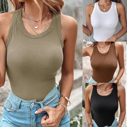 2-Pack Round Neck Ribbed Tank Tops with Built-In Bra Pads – Casual Slim Fit