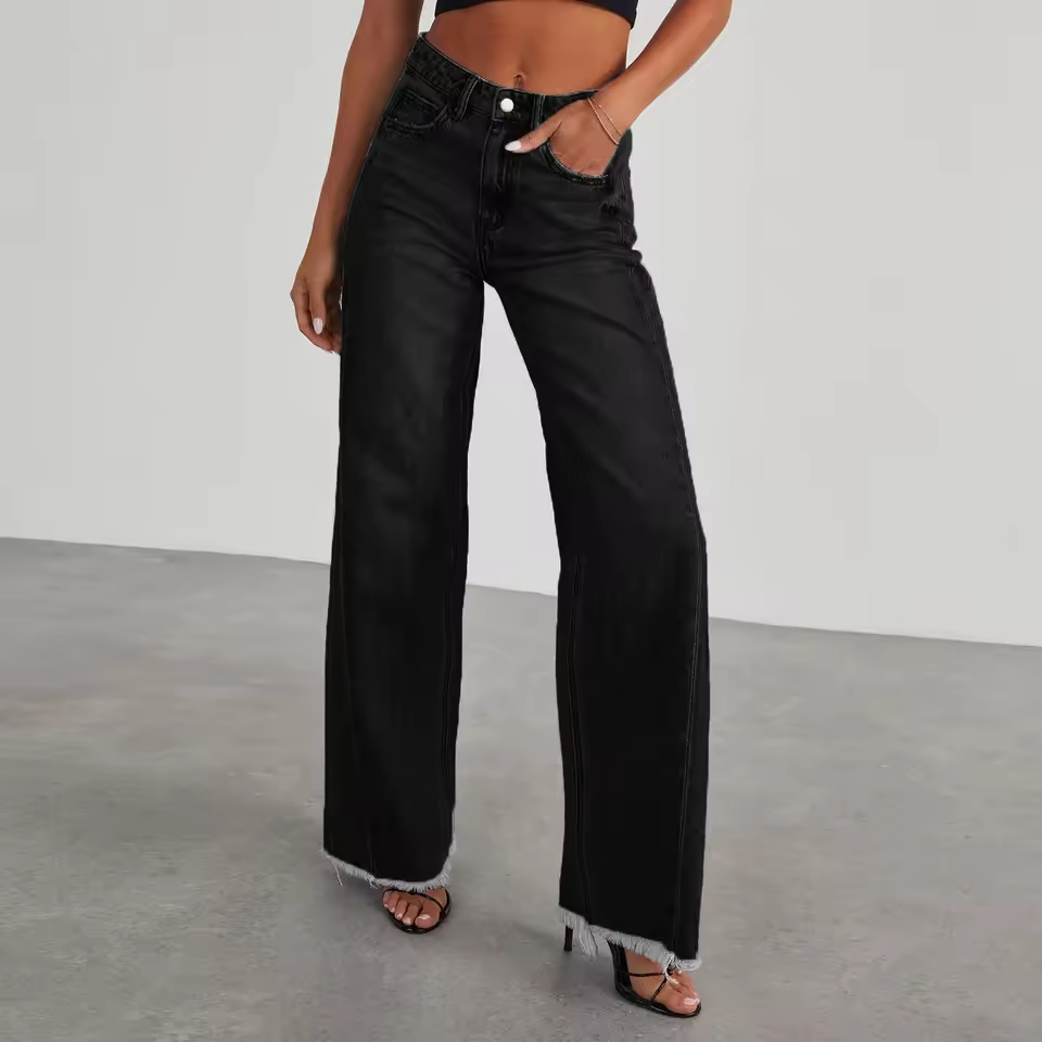 Women’s Wide Leg Jeans – Loose Solid Color Frayed Hem Denim Pants