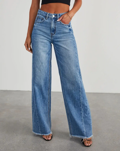 Women’s Wide Leg Jeans – Loose Solid Color Frayed Hem Denim Pants