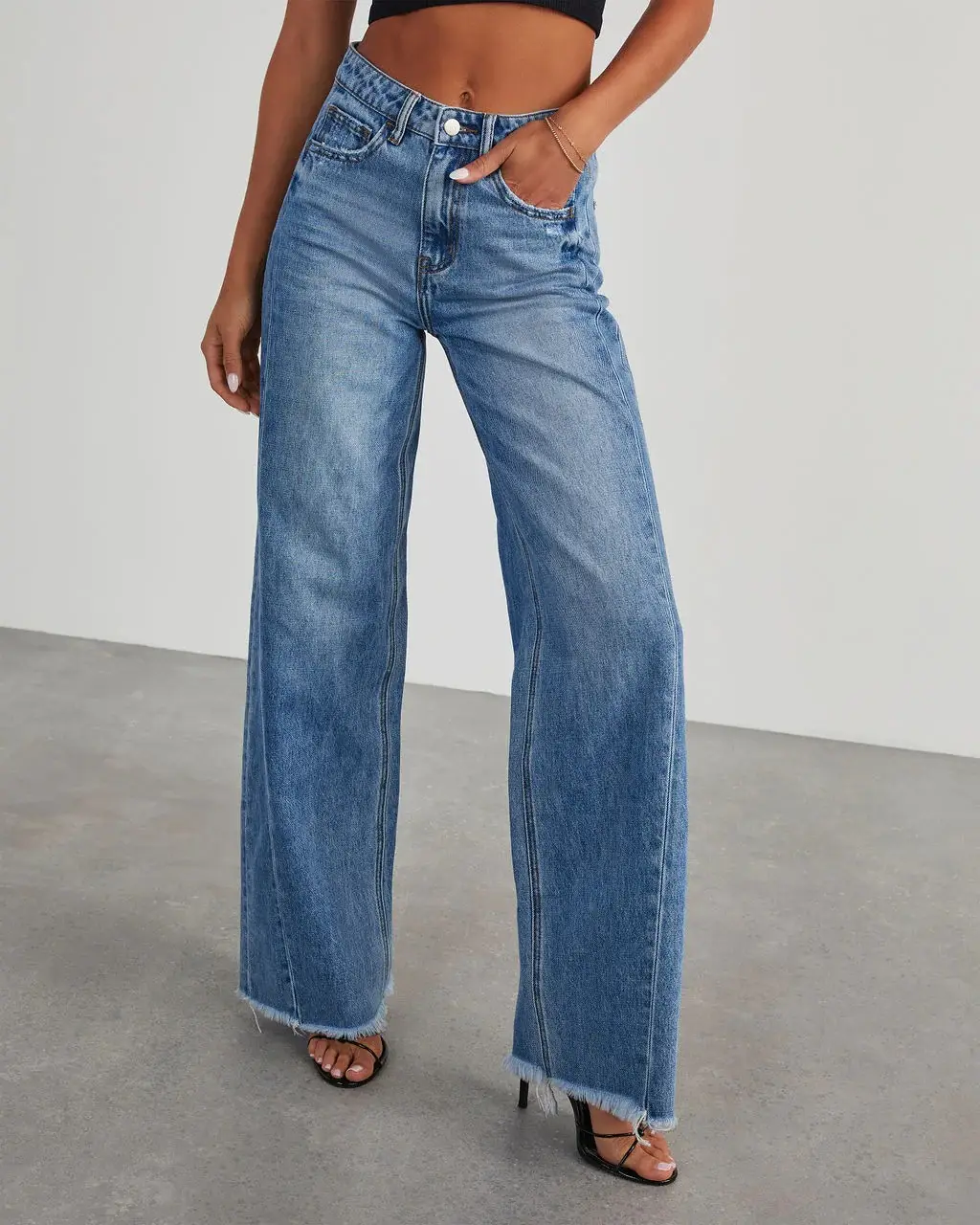 Women’s Wide Leg Jeans – Loose Solid Color Frayed Hem Denim Pants