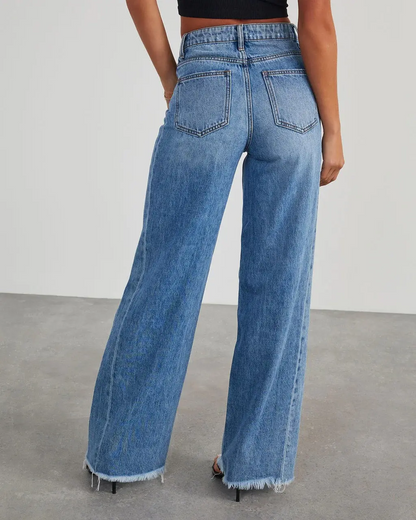 Women’s Wide Leg Jeans – Loose Solid Color Frayed Hem Denim Pants