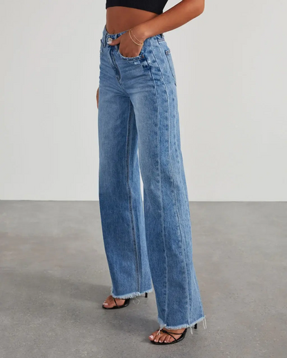 Women’s Wide Leg Jeans – Loose Solid Color Frayed Hem Denim Pants